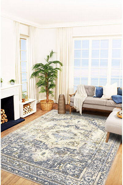 BigArts Home Mavi ve Bej Eskitme Vintage Halı Oushak Tarzı Dijital Şönil Halı