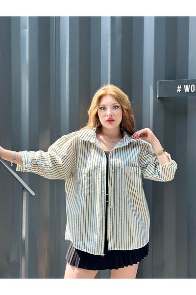 stcococix since 1990 Striped Oversize Shirt Double Pocket Twill Fabric