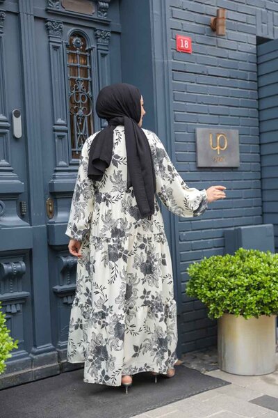 N.S NEVA STYLE Floral Patterned Ecru Viscose Hijab Dress 23588E