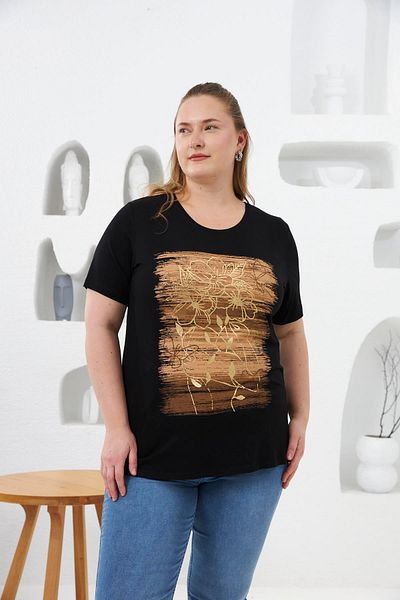 RMG Flower Pattern Printed Large Size T-Shirt Black