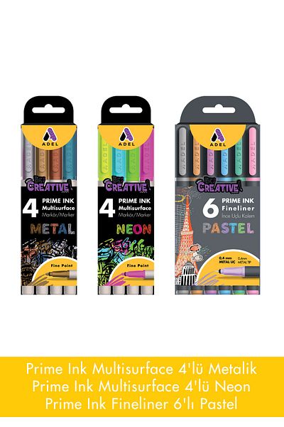 Adel Prime Ink Fineliner- Multisurface Pen Set,4 Metallic,4 Neon,6 Pastel