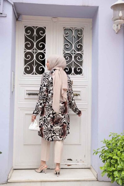 N.S NEVA STYLE Patterned Brown Hijab Viscose Tunic 11742Kh