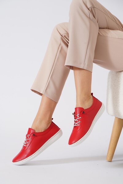 Moda Pie Negade Taban Dikmeli Hakiki Deri Kadın Ayakkabı Kırmızı Cilt