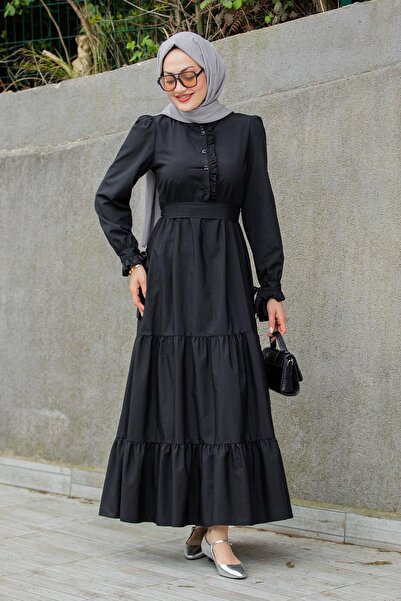 Tesettür Çarşım Pins Fırfırlı Pamuk Cotton Elbise-siyah