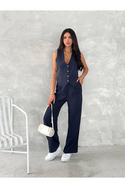 Stil Sepeti Women's Navy Blue Striped Bow Button Lined Vest Pants Suit Tl- 100080174
