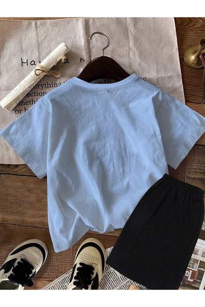 vinraus Set de tricou cu pantaloni scurți cu imprimeu albastru-negru pentru fetiță/băiat