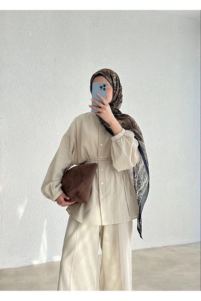 My Blog Beige Vanessa 100% Cotton Waist Tied Balloon Sleeve Suit - 039