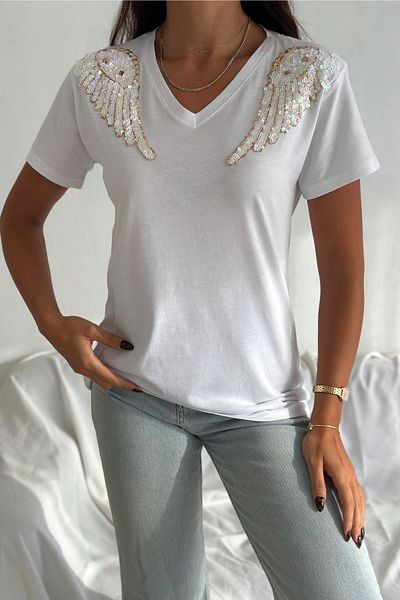 FEMELLE Tricou alb pentru femei, cu decolteu în V, cu pene, cu paiete, cu paiete, brodat, 100% bumbac