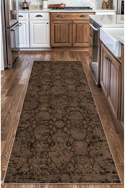 BigArts Home Kahverengi Şönil Kilim Desenli Salon Mutfak Halısı Yuvarlak Yoll...