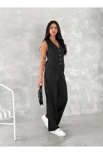 Stil Sepeti Women's Black Striped Bow Button Lined Vest Pants Suit Tl- 100080174