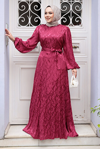 N.S NEVA STYLE فستان حجاب أحمر كلاريت منقوش 23272BR