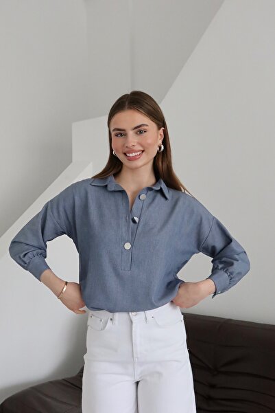 Fashionbox kot görünümlü yazlık kumaş yarım patlı düşük kol gömlek