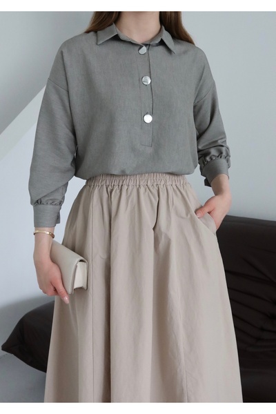 Fashionbox kot görünümlü yazlık kumaş yarım patlı düşük kol gömlek