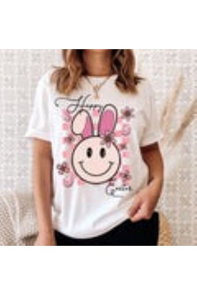 PENTHİLUS T-Shirt Cute "Happy Easter" with Print Happy Face (Shown in White)