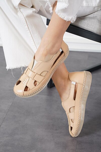 Moda Pie حذاء كاتو نسائي من الجلد الطبيعي باللون البيج