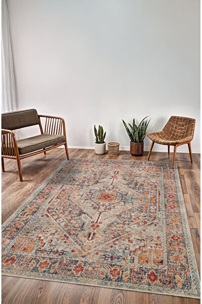 BigArts Home Vintage Halı Göbekli Motifli Gri ve Bej Klasik Dijital Şönil Halı