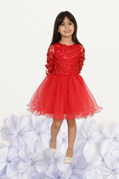 Nacar Kız Çocuk 23 Nisan Okul Gösteri Doğum Günü Tüllü Çiçekli Kırmızı Kısa Elbise R24