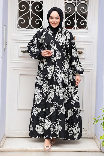 N.S NEVA STYLE Φόρεμα Hijab με μοτίβο λουλουδιών μαύρο βισκόζη 23588S