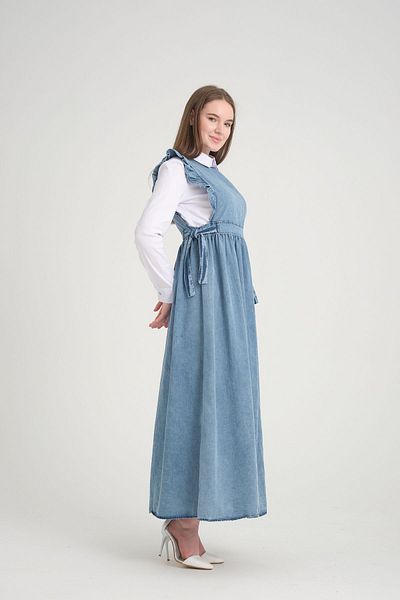 ensade Light Blue Flared Sleeves Long Denim Dress Gilet – Adjustable Lacing