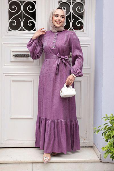 N.S NEVA STYLE Φόρεμα με πέτρινη λεπτομέρεια Dusty Rose Hijab Jacquard 23891GK
