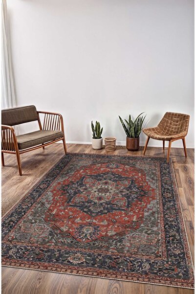 BigArts Home Kırmızı Vintage Halı Modern Motifli Göbekli Kilim Desenli Dijita...