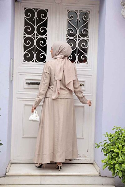N.S NEVA STYLE Dark Beige Hijab Skirt Double Suit with Jacket 44723Kbej