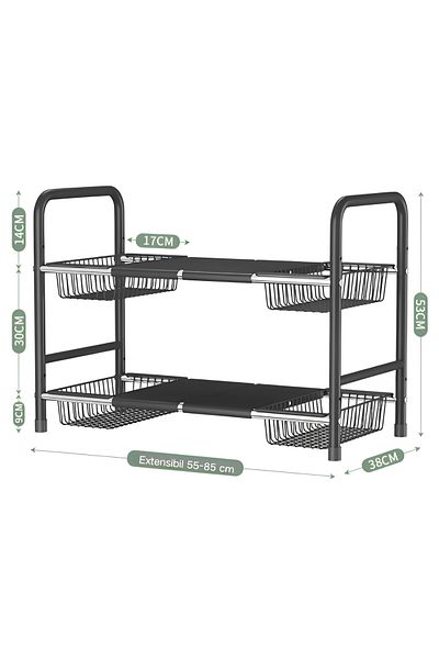 Herum Suport metalic extensibil cu 2 nivele, 4 rafturi, 4 cosuri, Negru, 55-85 x 38 x 53 cm