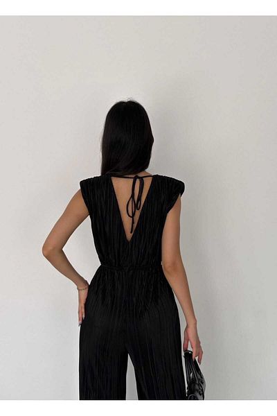 YAKAMOZ34BUTİK Plisseed Double Breasted Collar Jumpsuit Black
