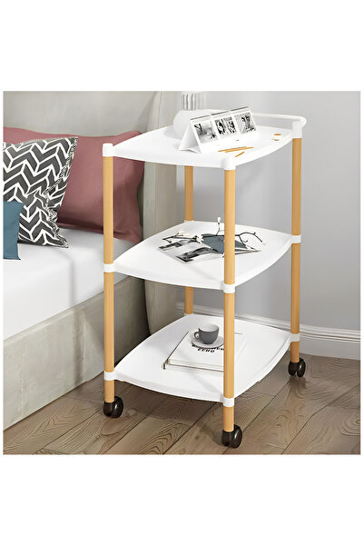 Herum Masa mobila cu maner, 3 blaturi din plastic, roti, alb/maro, 45 x 32 x 71 cm