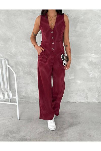 Stil Sepeti Women's Burgundy Striped Bow Button Lined Vest Pants Suit Tl- 100080174