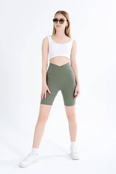 soBasic Mint High Waist Cross Belt Ribbed Sports Casual Knitted Short Biker Shorts Leggings