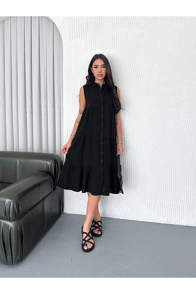 Stil Sepeti Rochie cămașă midi din țesătură de muselină cu nasturi negre pentru femei TL- 100070320