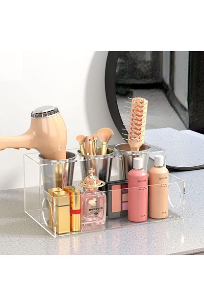 Generic Clear Acrylic Hair Tools Organizer – Countertop Hair Dryer Holder with 3 Storage Cups for Bathroom