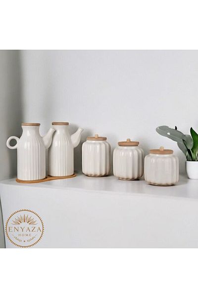 ENYAZA(2024) 6 قطع حامل من الخيزران 2 قطعة من الخيزران 2 قطعة وعاء زيت سعة 1000 مل و3 قطع طقم برطمان قهوة سكر شاي وملح شاي من البورسلين