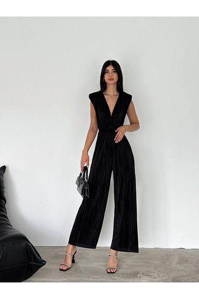YAKAMOZ34BUTİK Plisseed Double Breasted Collar Jumpsuit Black