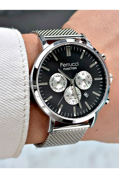 Ferrucci Men's Wristwatch - Steel and Leather Double, Waterproof, Functional Cord