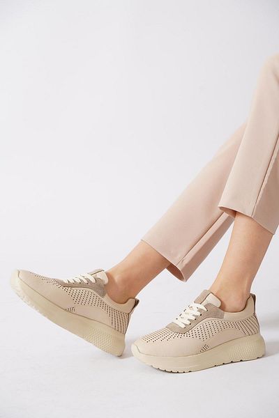Moda Pie Pantofi sport de damă din piele naturală Polete Laser Perforator Piele bej