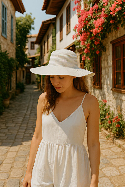 Mollycrush Pălărie albă de paie cu boruri largi - Pălărie de plajă și soare d...