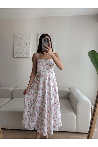 Zoom Butik Strappy Floral Jessica Dress - White