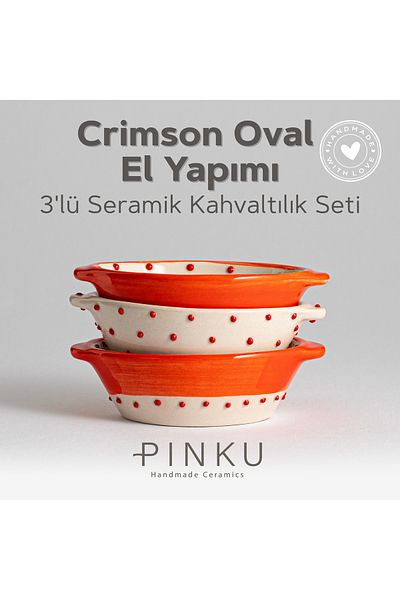 PINKU Ceramics Crimson Oval Handmade Ceramic 3-Piece Breakfast Set- (for Sweet,Recel, Olive, Cheese and Cerez)