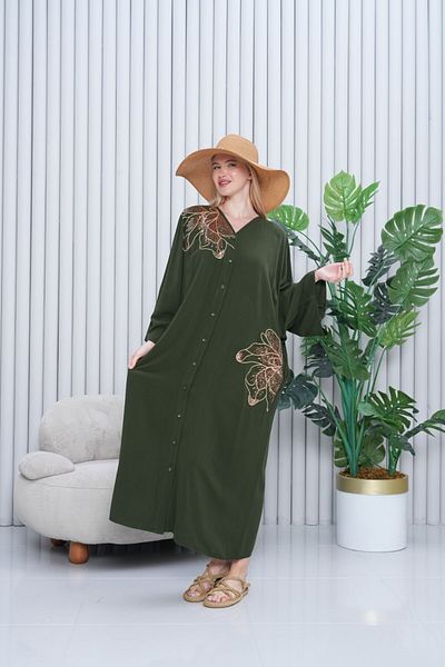 My Blog Khaki Big Flower Embroidered Sequined Large Size Dress - 2038