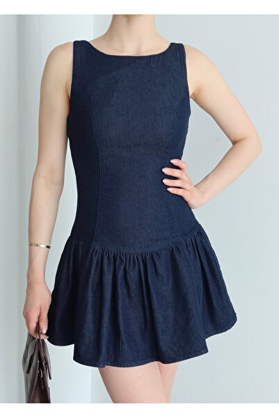 LOISY Rochie de damă albastră cu fermoar la spate, cu bretele, mini fustă din denim