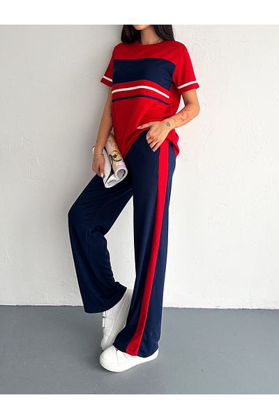 02Lady Fashion Soft Texture Garnish Striped Detail Wide Leg Modal Fabric Tracksuit Set