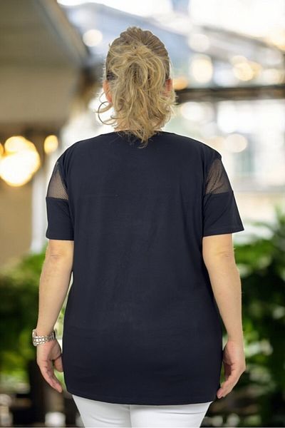 yagmurberen Off the Shoulder Parts Mesh Lace Detail Large Size Crewneck Bluz