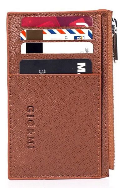 gio&mi Glorya Genuine Leather Coin Compartment Zippered Women's Cognac Brown Card Holder Wallet