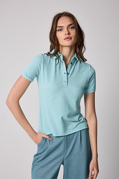 AMİDA Γυναικείο μπλουζάκι με γαλάζιο γιακά πόλο με κουμπιά - 2519