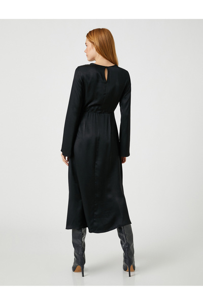 Koton Silk Look Μακρύ Φόρεμα με στρογγυλή λαιμόκοψη και μακρύ μανίκι