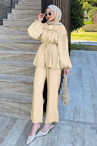 Salih Çelebi Gathered Hijab Suit 41275 - Stone Color