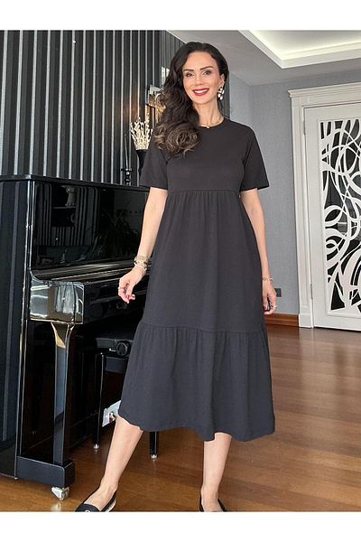 Atelier Derin Black Short Sleeve Skirt Layered Stitching Dress
