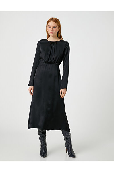 Koton Silk Look Μακρύ Φόρεμα με στρογγυλή λαιμόκοψη και μακρύ μανίκι
